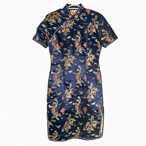 Jinzhimeng Elegant Navy Blue Satin Cheongsam Qipao Dress Small